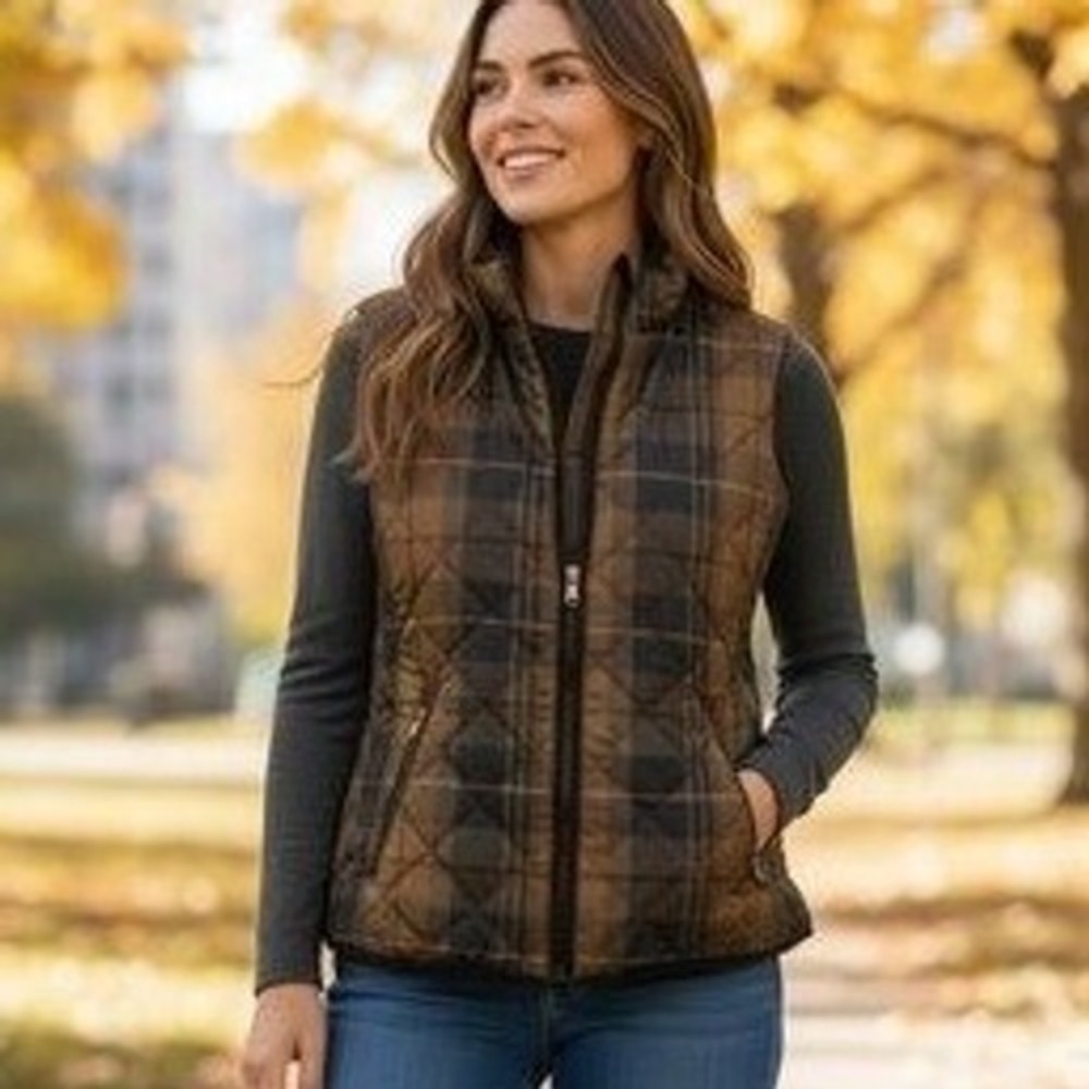 Lauren Ralph Lauren Quilted Vest Women Medium Brown Plaid Reversible V1234